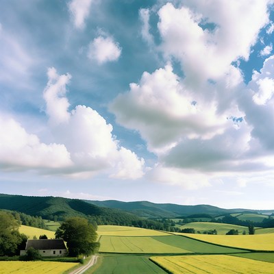 Small House in Green Fields Under Blue Sky