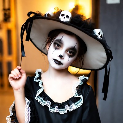 Girl in skull hat Halloween costume
