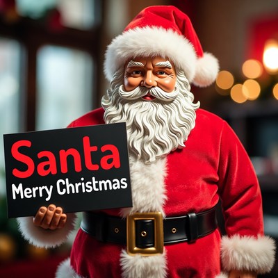 Santa Claus holding Merry Christmas sign