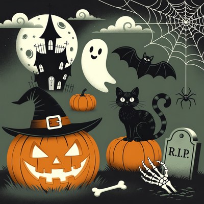 Halloween Witch Hat Pumpkins Black Cat