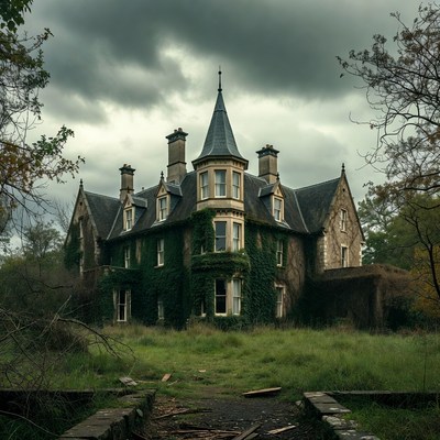 Abandoned Gothic Mansion in Overgrown Garden