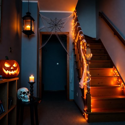 Halloween Decorated Staircase with Jack-o-Lantern