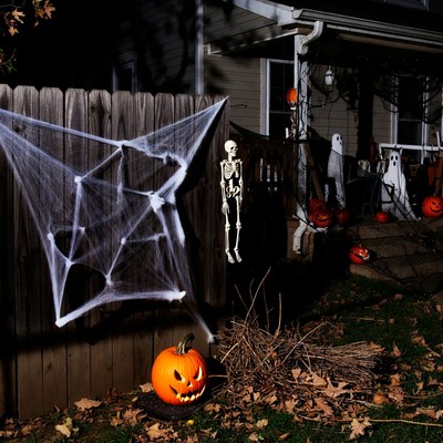 Halloween decorations with skeleton and pumpkins