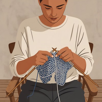 Woman knitting blue yarn