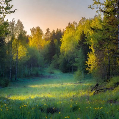 Autumn Forest with Golden Sunlight