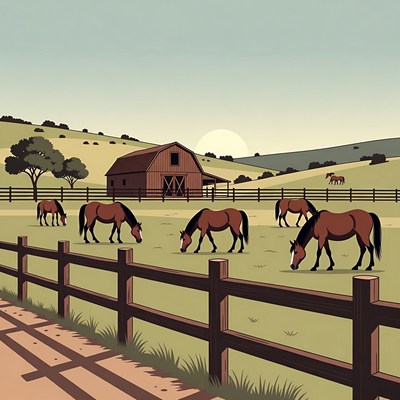 Horses grazing near barn