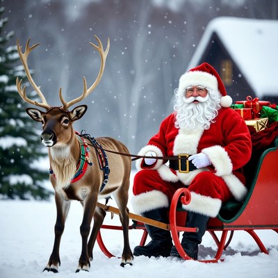 Santa Claus with reindeer pulling sleigh