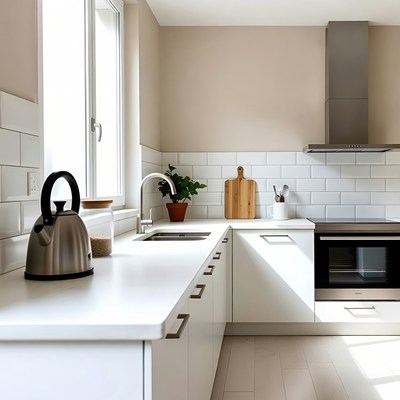 Modern white kitchen with kettle