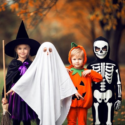 Three kids in Halloween costumes outdoors