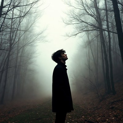 Man looking up in foggy forest