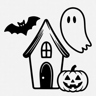 Halloween haunted house with ghost bat pumpkin