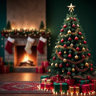 Festive Christmas Tree by Fireplace