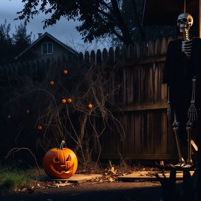 Skeleton and Jack-o-Lantern by Fence
