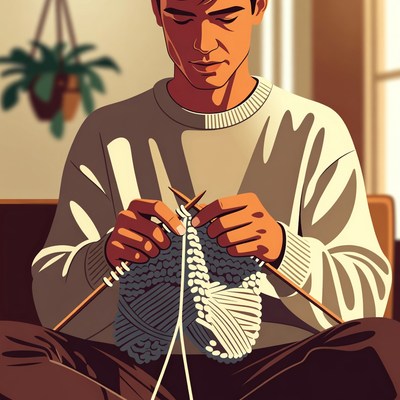 Man knitting white sweater