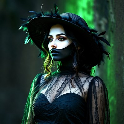 Woman in black lace dress and feathered hat