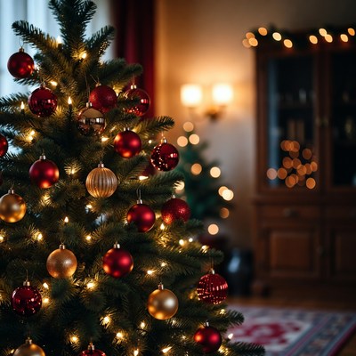 Festive Christmas Tree with Red and Gold Ornaments
