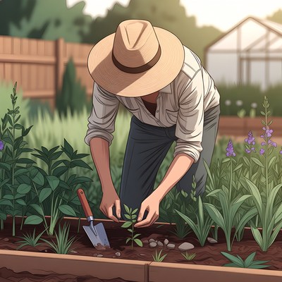 Man planting seedling in garden
