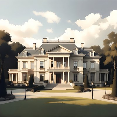 Grand Mansion with Columns and Trees