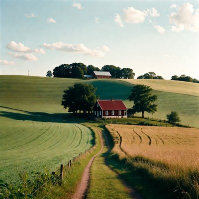 Red house on green hillside path