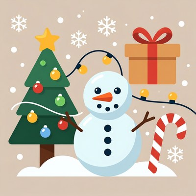 Snowman with Christmas Tree and Gift