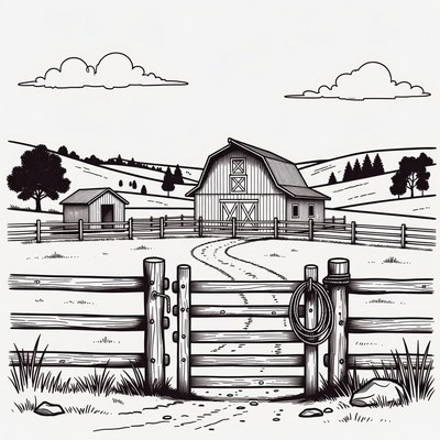 Line drawing barn with fence