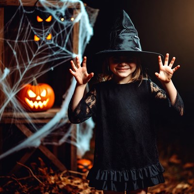 Girl in witch hat making spooky hands