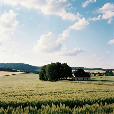 White house amid green wheat fields