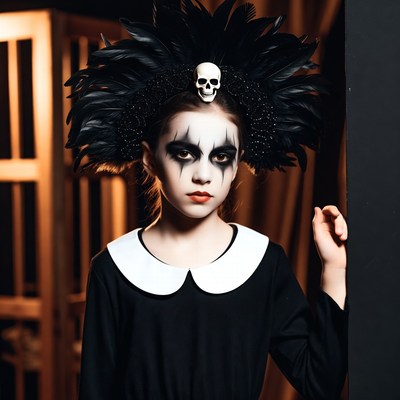 Girl in black feather skull headdress