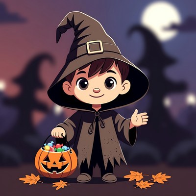 Cartoon boy trick-or-treating with pumpkin bucket