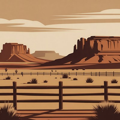 Desert Landscape with Cacti and Fence