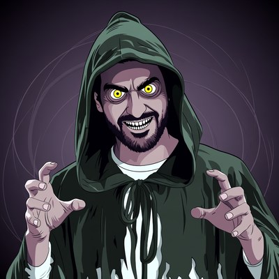 Evil hooded man with yellow eyes