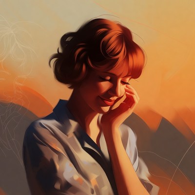 Redhead woman touching cheek thoughtfully