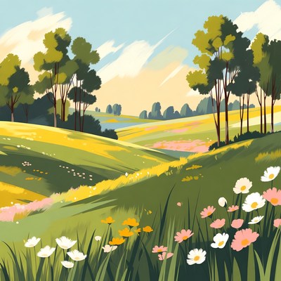 Vibrant Green Hills with Flowers and Trees