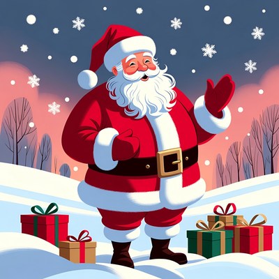 Santa Claus waving with Christmas gifts