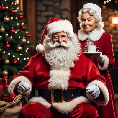 Santa Claus and Mrs. Claus by Christmas tree