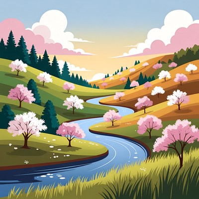 Cherry Blossom River Landscape Illustration