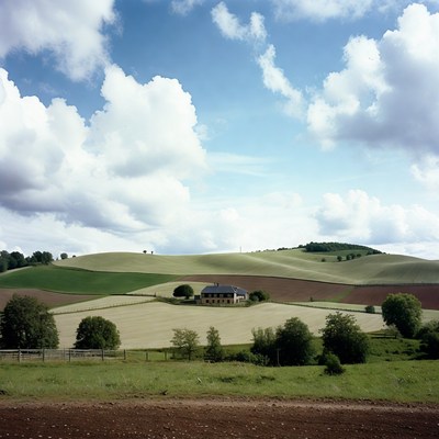 House on rolling green hills