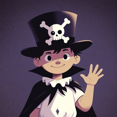 Boy waving in skull top hat costume