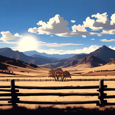 Mountain Valley Sunset with Fence and Tree