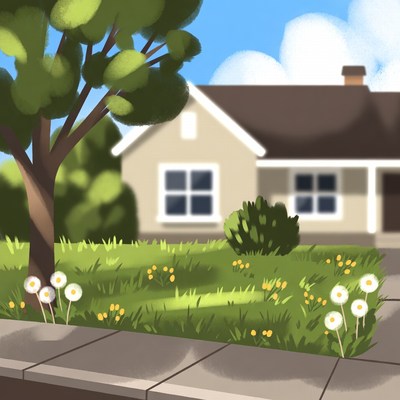 Suburban House with Tree and Daisies