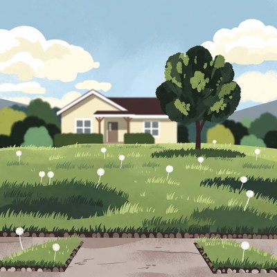 Yellow house with dandelions and tree