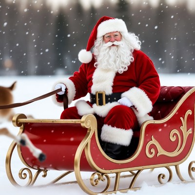 Santa Claus sledding with reindeer