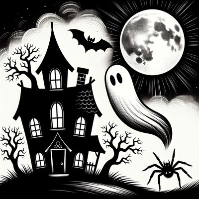 Haunted House with Ghost and Bat