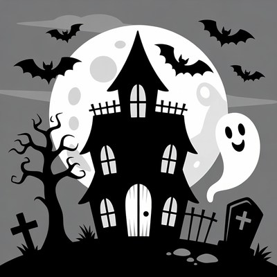 Haunted House with Moon and Bats