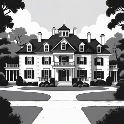 Grand Mansion Illustration Black and White