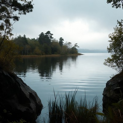 Foggy Lake Framed by Pine Trees and Rocks