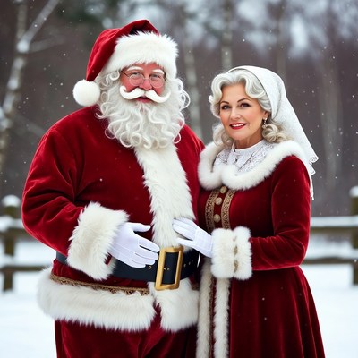 Santa Claus and Mrs. Claus in snowy woods