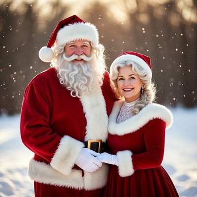 Santa Claus and Mrs. Claus in snowy forest