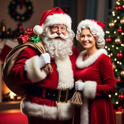 Santa Claus and Mrs. Claus with gifts
