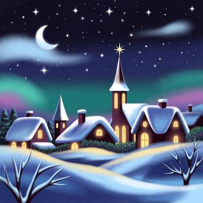 Snowy Village Church Under Starry Sky